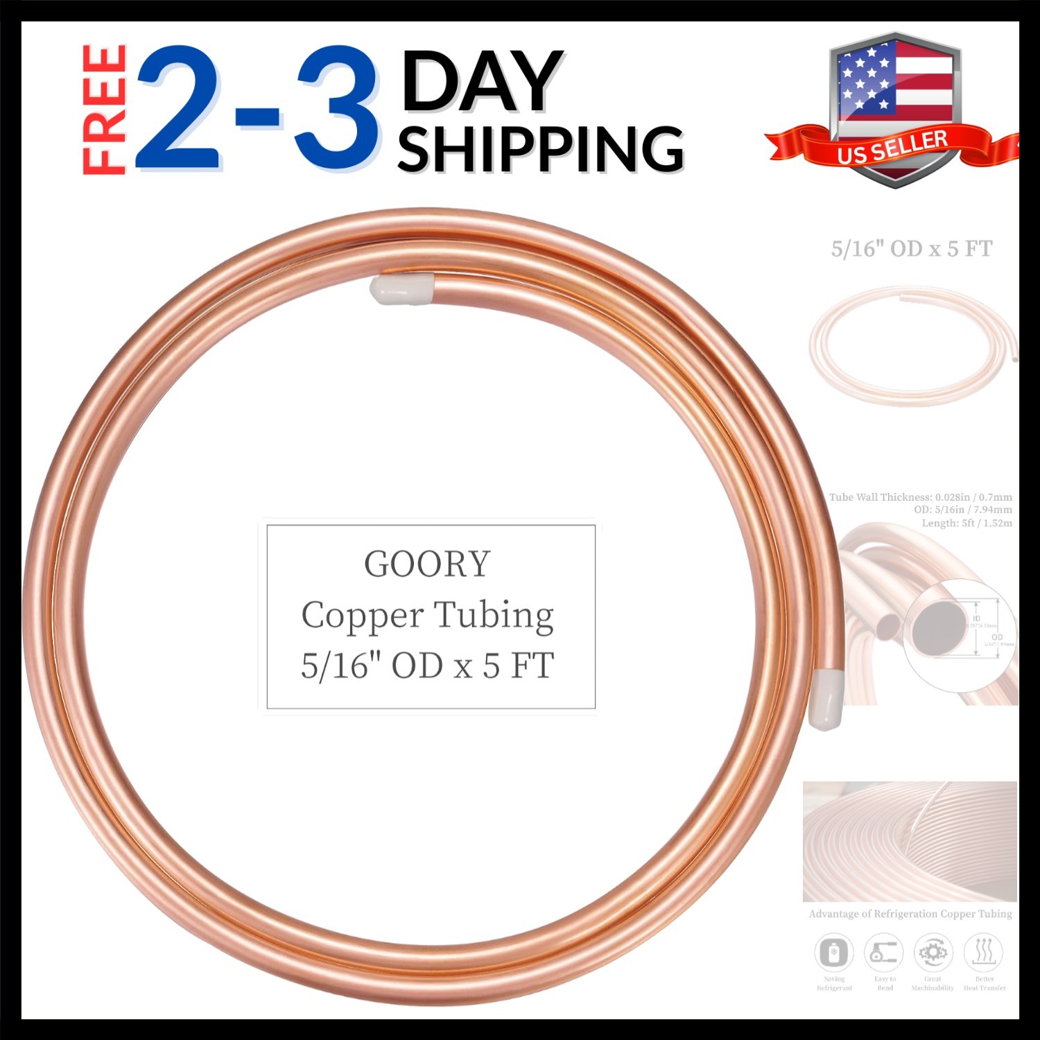 High-Quality 5/16" OD Copper Pipe, 5 FT for Efficient Refrigeration and HVAC