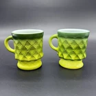 Vtg Anchor Hocking Fire King Green Kimberly Diamond Coffee Mugs Stackable Set/2