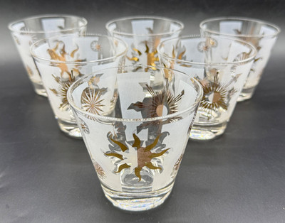 Set of 6 Fred Press Atomic Sunburst 3'' Lowball Whiskey Rocks Glasses White Gold