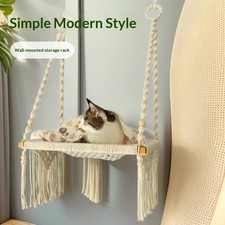 Boho Macrame Hanging Cat Bed Wall Mounted Cotton Rope Pet Hammock Basket Lounge