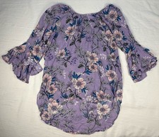Cupio Purple Floral Flutter Sleeve High-Low Dress Boho Beach Cover-up Medium