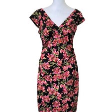 Maggy London Petites Black Pink Retro Floral V-Neckline Cotton Sheath Dress 2P