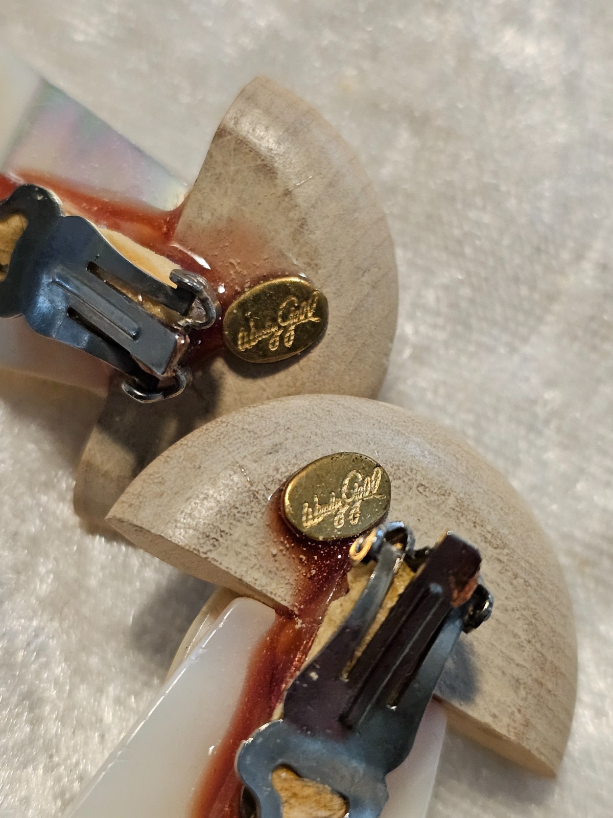 Wendy Gell Clip Earrings Art Deco Style Wood White Quartz Faux Pearl 