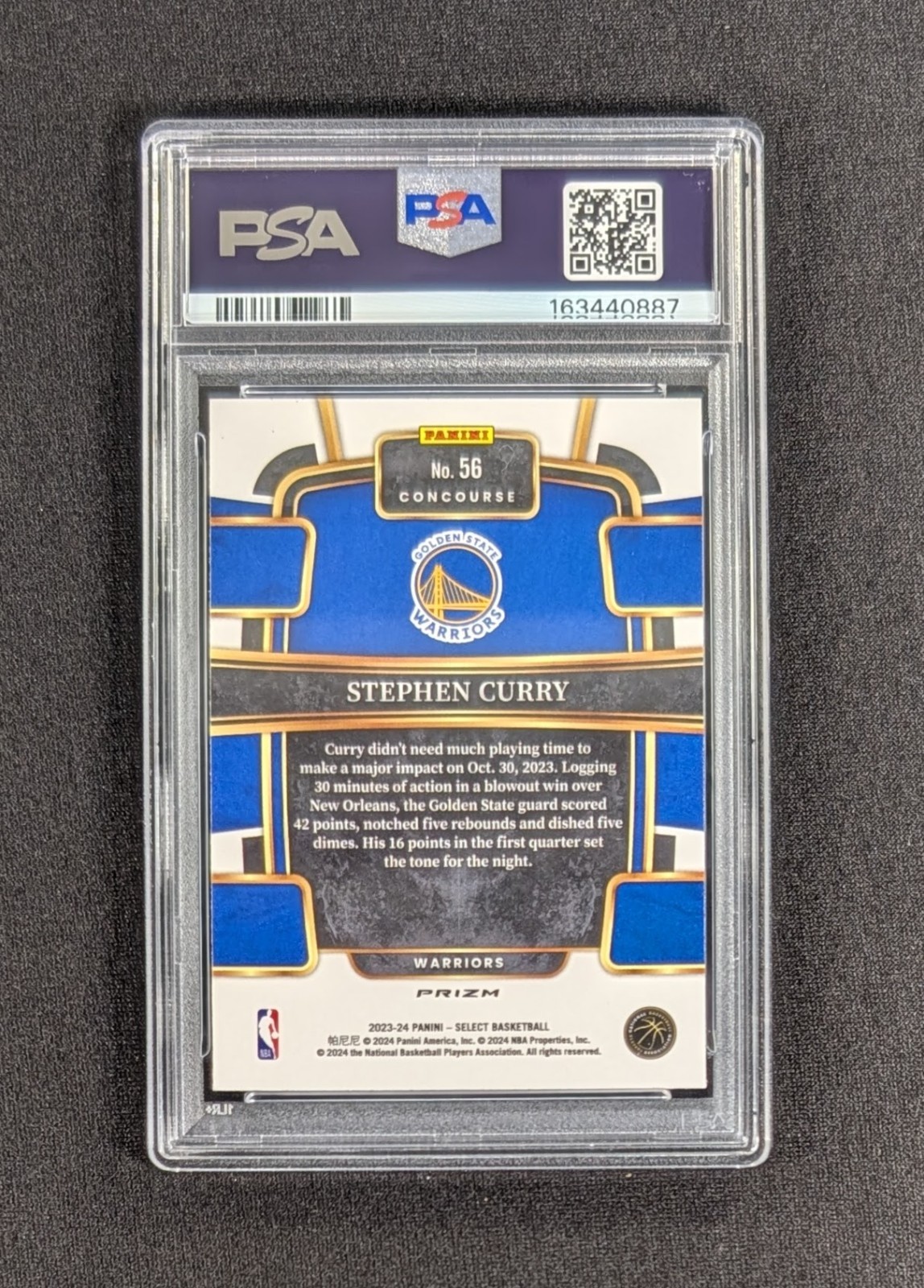 2023-24 Panini Select Concourse Blue Cracked Ice Prizm Stephen Curry #56 PSA 9 view 2