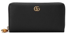 NEW GUCCI BLACK LEATHER DOUBLE G BAMBOO ZIP AROUND CLUTCH LONG WALLET W/BOX
