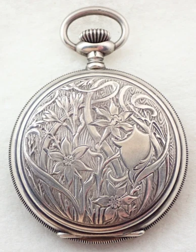 ANTIQUE SWISS LONGINES HIGHLY ENGRAVED STERLING SILVER HUNTER CASE POCKET WATCH