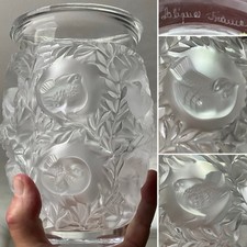 LALIQUE FRANCE BAGETELLE VASE DEEPLY MOULDED BIRDS TREE SIGNED 6 3/4” (2)
