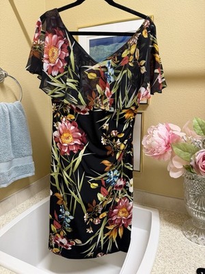 Connected Apparel Women's Black Floral V-Neck Flutter Sleeve Sheath Dress 10