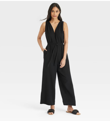 Damen hauchdünner Jumpsuit mit Bindegürtel - Universalfaden schwarz M