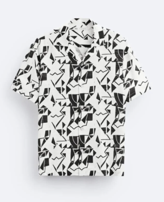 Zara Mens Shirt Size S White Black Geometric Graphic Button