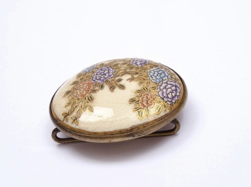 1930's Japanese Satsuma Earthenware Button Belt Buckle Flower - Picture 5 of 7
