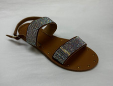 Women  s Two Band Rhinestone Detail Upper Ankle Strap Flat Sandals - Raw