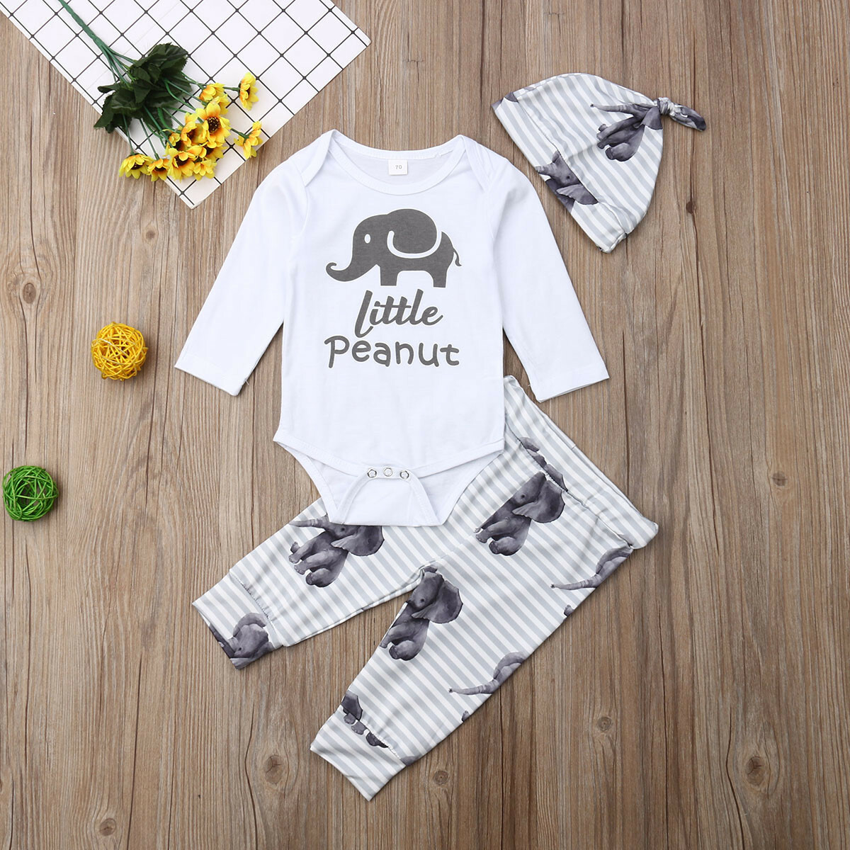 Infant Baby Boys Girls Elephant Long Sleeve Top Pants Hat Cotton Clothes  3PCS