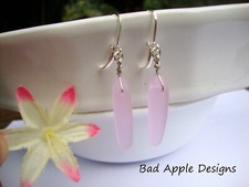 Long Frosted Pink Sea Glass, Silver Leverback Earrings