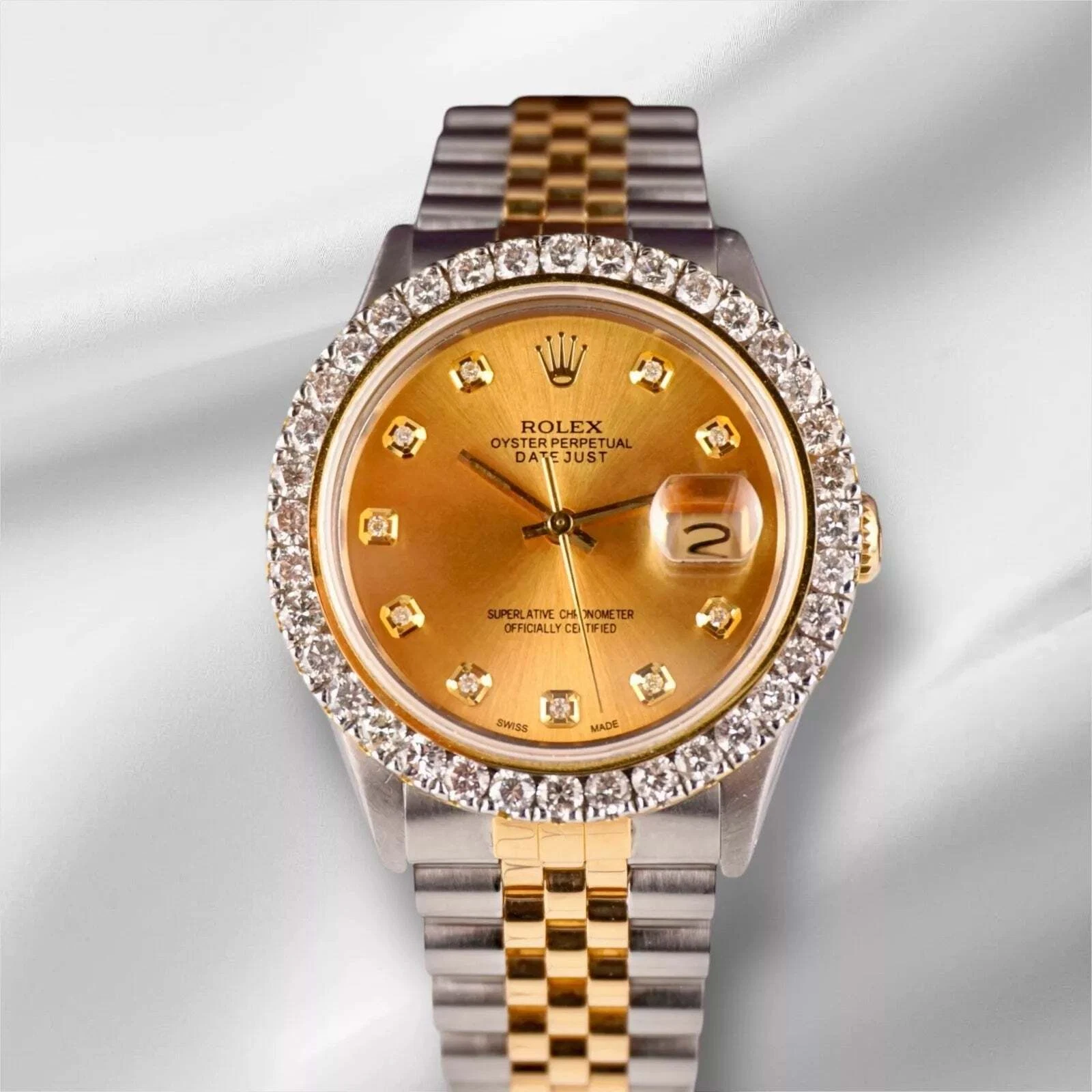 Rolex Men's Datejust 36mm YG & Steel ICED 2.25ct Diamonds Gold Dial Watch