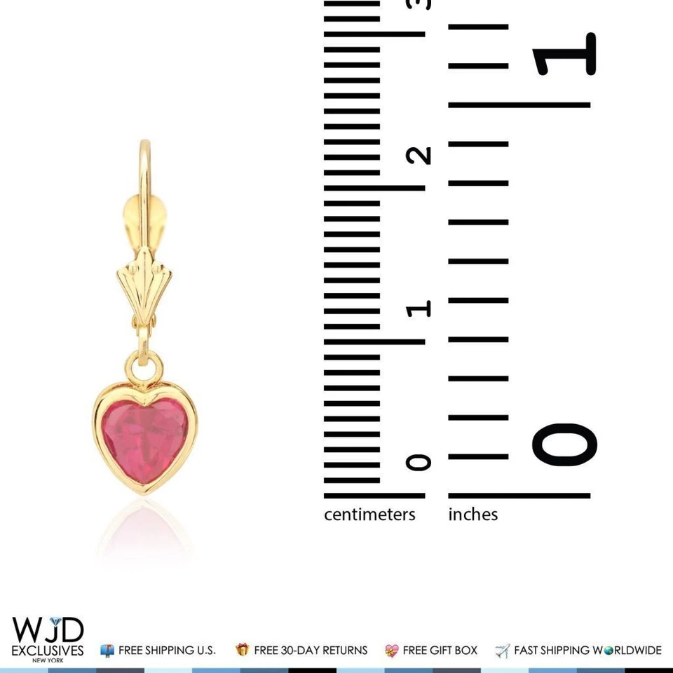 14K Yellow Gold Bezel Heart Dangle Leverback Earrings 1" with Ruby Gem Accent - Image 4 of 4