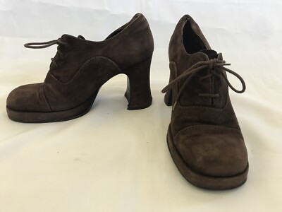 Vintage 90s Carvela Brown Suede Platform Lace Up Shoes Heels,
