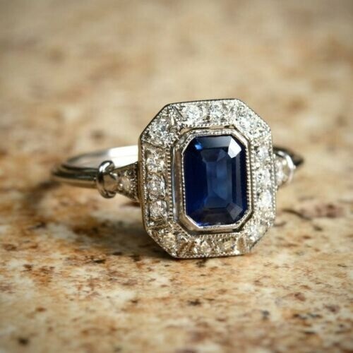 Vintage Art Deco Ct Emerald Cut Sapphire Wedding Ring 925
