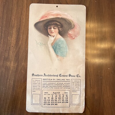 Apr 1913 Calendar, So. Arch.Cement Stone Co Dallas, TX, Frank Desch Illustration