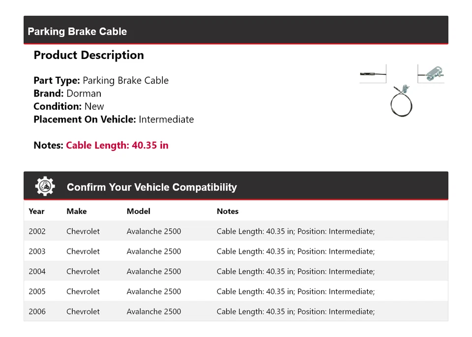 For 2002-2006 Chevrolet Avalanche 2500 Dorman Parking Brake Cable Intermediate - Image 2 of 4