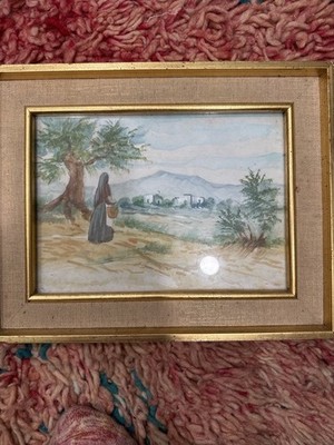 Vintage Mediterranean Watercolor Framed Barcelona Spain Landscape