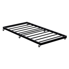 Twin Trundle Bed Frame with Metal Slats, Lockable Wheels, Black