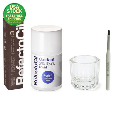 Refectocil Hair Tinting Kit Natural Brown 3 Cream Dye Liquid Oxidant Brush Dish
