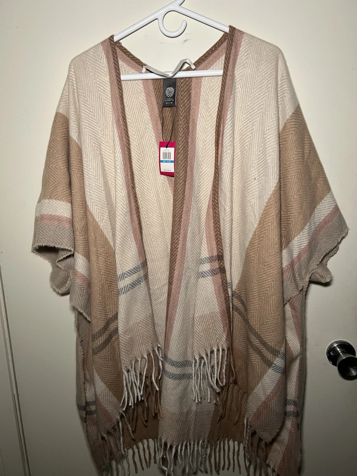 Vince Camuto Neutral Multi Geometric Fringe Poncho Sweater One Size Women