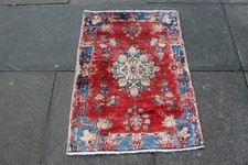 Vintage Hand Made Traditional Rug Oriental Wool Red Blue Small Rug 95x78cm