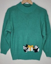 Vtg 80s Radishes Roses Women M Green Panda Sweater Presents Christmas Pullover