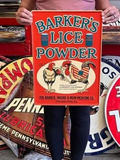 Vintage Anitque Old Style Metal Sign Lice Powder Chickens 14x20 Made in USA