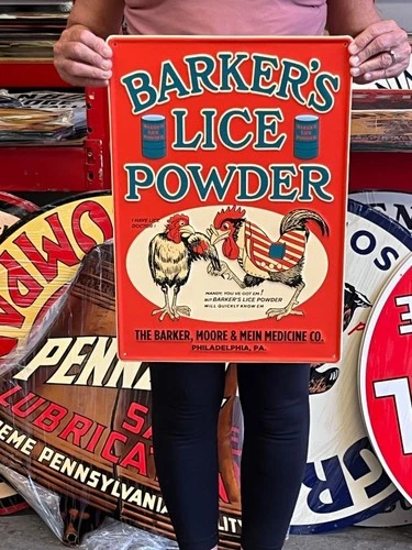 Vintage Anitque Old Style Metal Sign Lice Powder Chickens 14x20 Made in USA