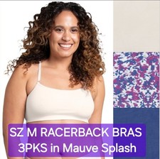 SZ M Fruit of the Loom RACERBACK 360  BRAS 3PK in MAUVE SPLASH Cotton/ Spandex