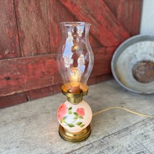 Vintage Floral Painted Hurricane Table Lamp With Glass Shade & Brass Base 15"
