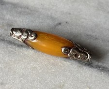 Large Deluxe Vintage Tibetan Silver Repousse Amber Copal Bead 53x12mm CC415