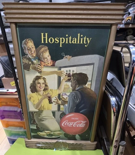 Vintage Coca Cola Cardboard sign with wooden frame