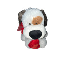 White Brown 8  Puppy Dog Holding Love Me Red Heart Plush Stuffed Animal Red Bow