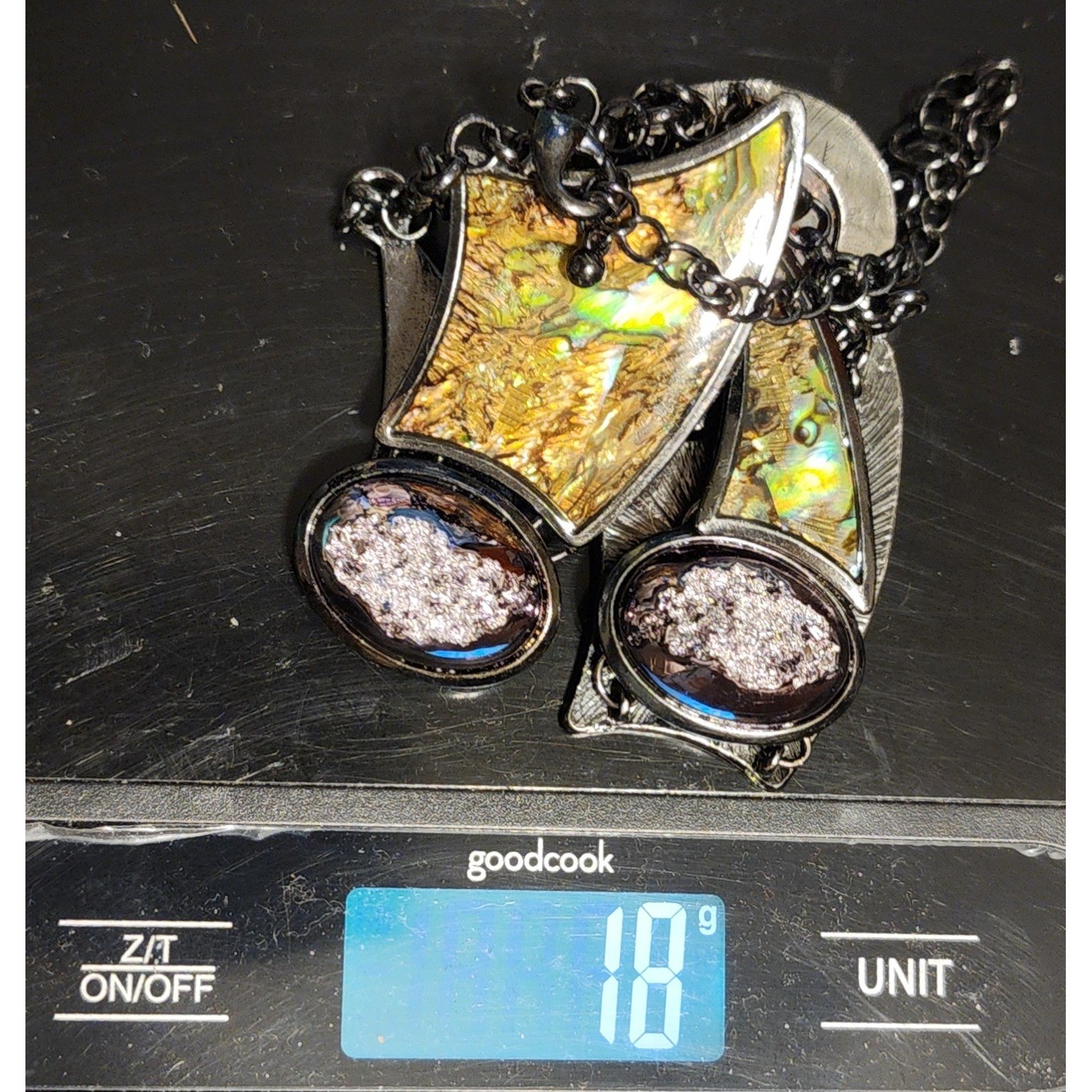 Gunmetal Abalone Shell Bib Statement Necklace Iri… - image 5