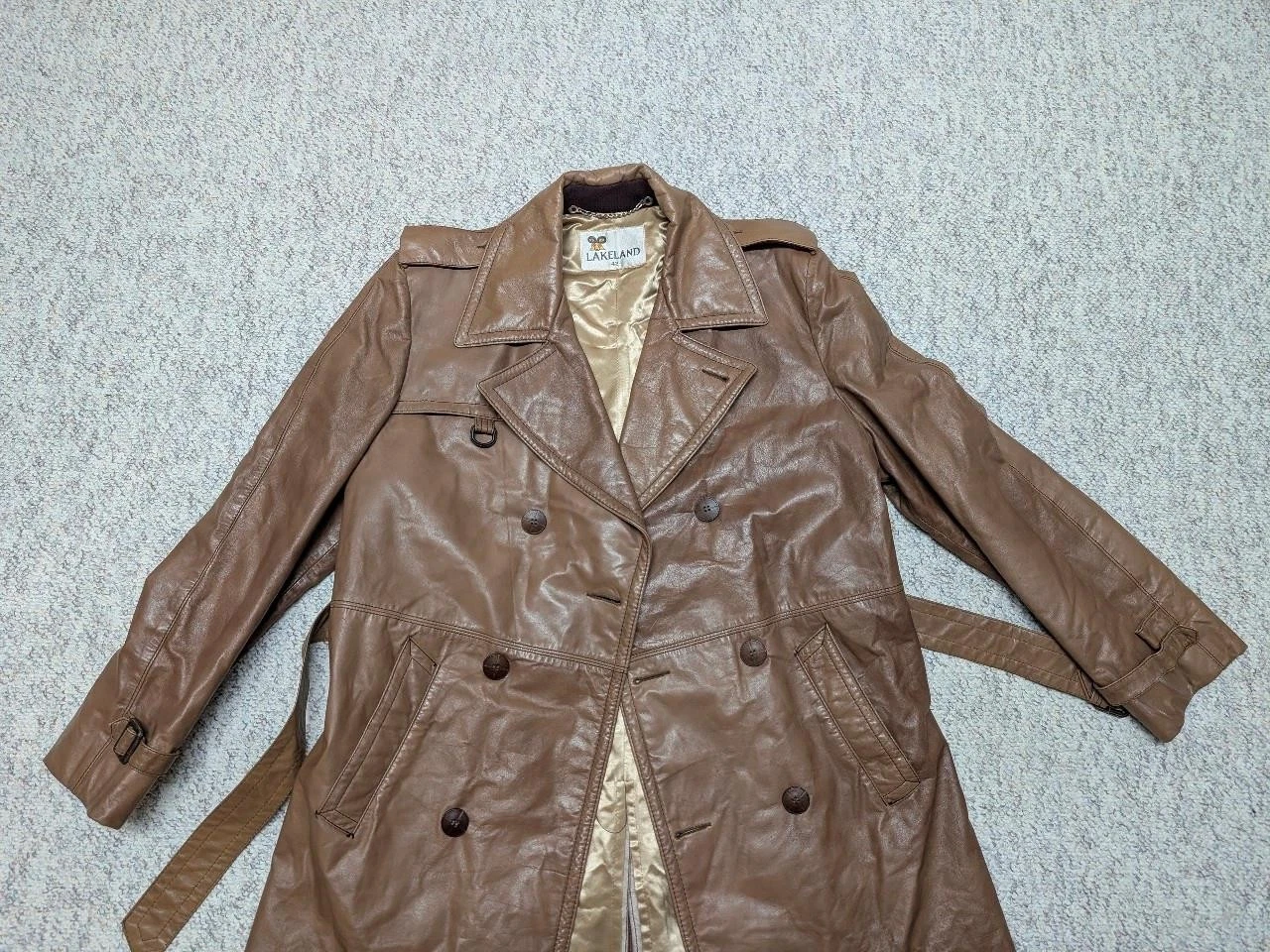 vintage USA made TRENCH COAT leather 42 sherlock BELTED double breasted M brown - product detail image 4