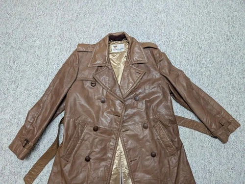 vintage USA made TRENCH COAT leather 42 sherlock BELTED double breasted M brown image 4