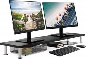 Large Dual Monitor Stand for Computer Screens Solid Bamboo Supports Black