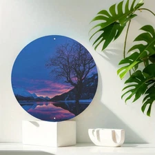 Round Aluminum Metal Wall Art - Classic Landscape Painting W/Serene Mountain & T