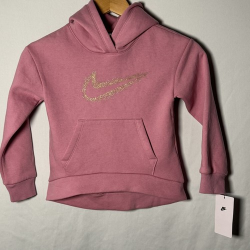 NWT Nike Girls Pink Fleece Hoodie Size 5-6 Long Sleeve Kangaroo Pocket - Picture 1 of 3