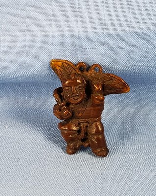 Vintage Japanese carved wood netsuke pendant man moth 2.25''