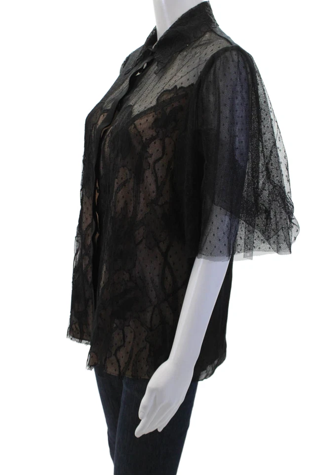 Blusa para mujer Jason Wu Collection de encaje transparente mangas cortas botones negra talla 6 Foto 2 de 4
