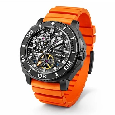 Invicta Sea Hunter Obsidian Skeleton 44mm Automatic Orange Men Watch