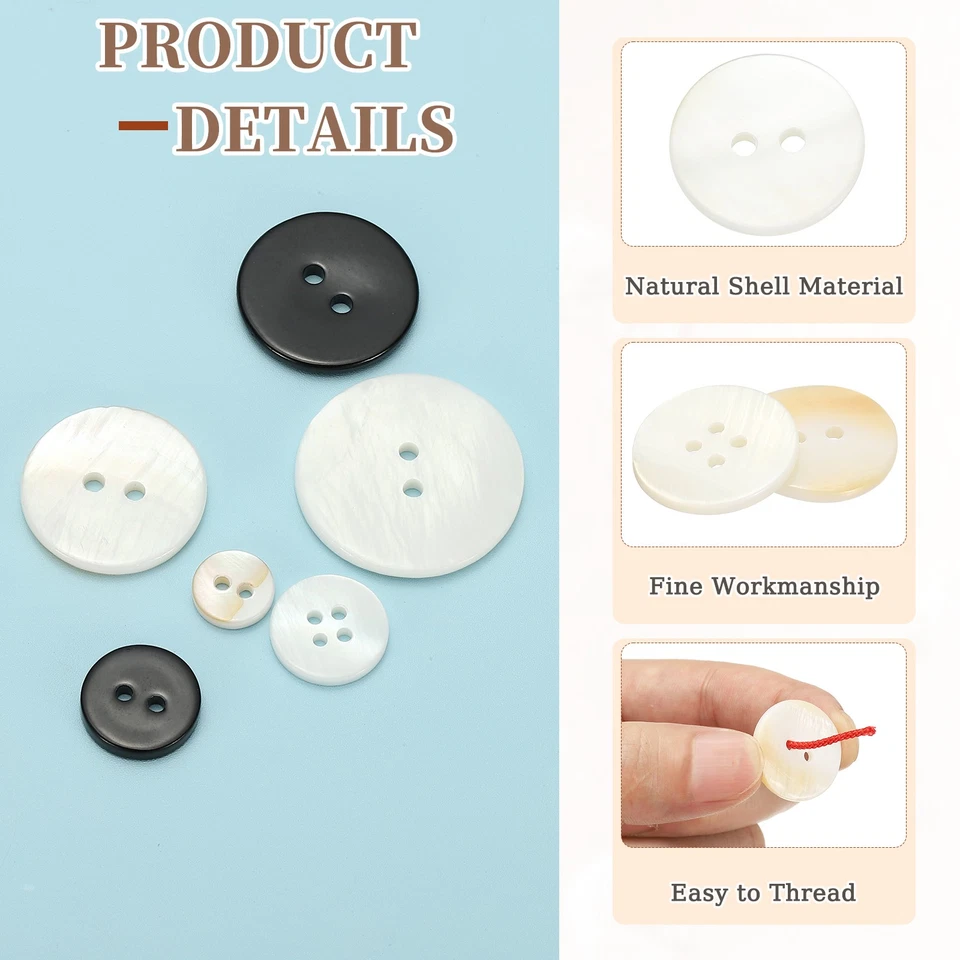 Botón de nácar redondo de 15 mm 35 piezas, 2 agujeros, blanco Foto 3 de 4