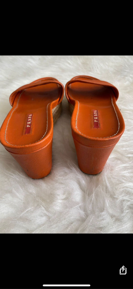 PRADA Orange Leather Wedge Slide Sandals Shoes Platform Espadrille