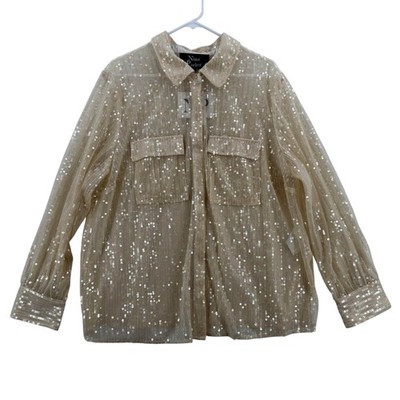 Nina Parker Shirt Womens 2X Oat Latte Sequin Sheer Mesh Button Up Blouse Party