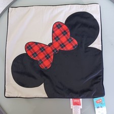 Disney Minnie Mouse Holiday Throw Pillow Buffalo Plaid Bow Cream Black 18.5in